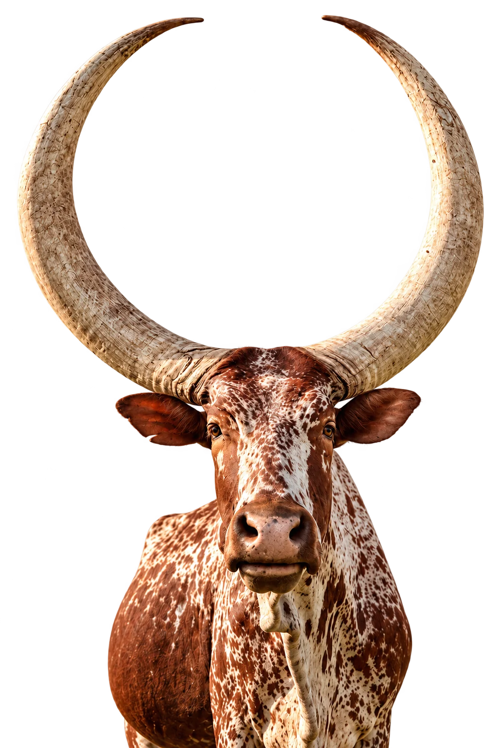 Speckled cow with sweeping ivory horns